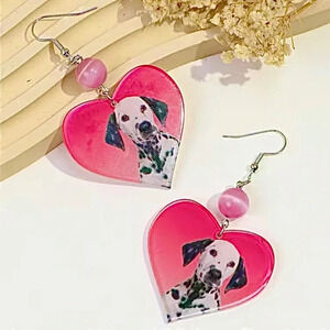 Heart Shaped Dalmatian Dangle Acrylic Earrings NEW